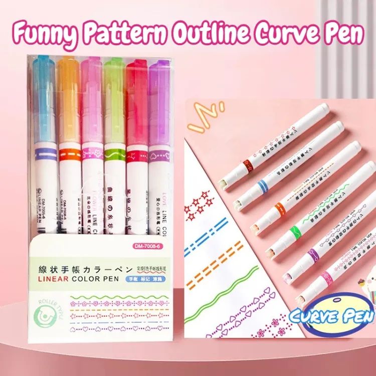 Pack Of6 Multi-colored Drawing Curve Pen Funny Pattern Outline Marker Pen Hand Copy Account Curve Pen Quick Dry Mark Notes Painting Highlighter DIY Card Marker Pens