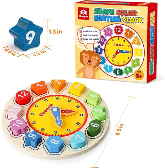 oy Joy Wooden Shape Color Sorting Clock Teaching Time Number Blocks Puzzle Stacking Sorter Jigsaw Montessori Early Learning Educational Toy Gift for Year Old Kids